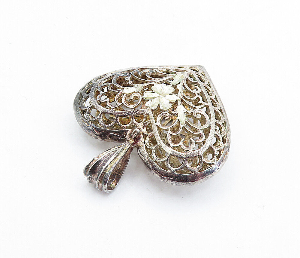925 Sterling Silver  Vintage Dark Tone Floral Swirl Vine Heart Pendant  PT3832