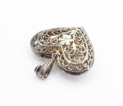 925 Sterling Silver  Vintage Dark Tone Floral Swirl Vine Heart Pendant  PT3832