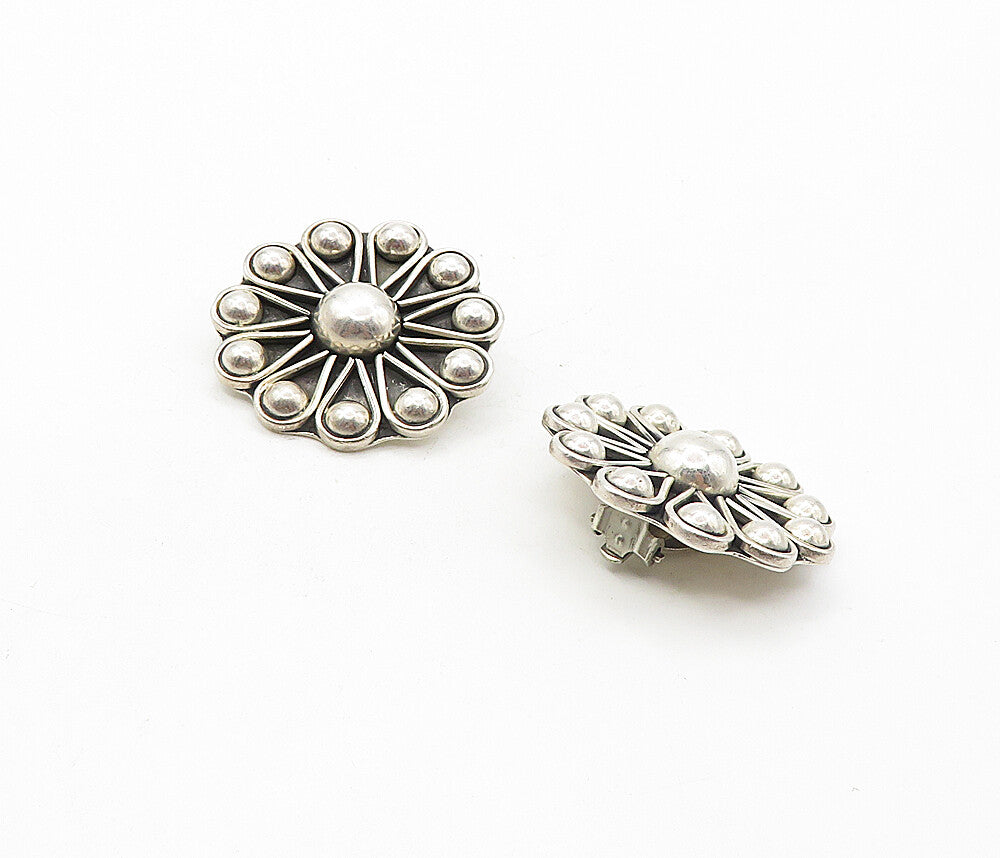 MEXICO 925 Sterling Silver  Vintage Flower Motif Non Pierce Earrings  EG3837