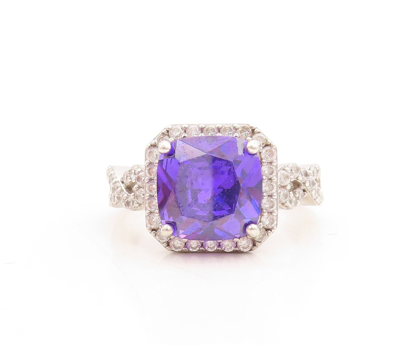 925 Sterling Silver Vintage Ring Square Cut Purple Halo White CZ  Sz 8  RG31496