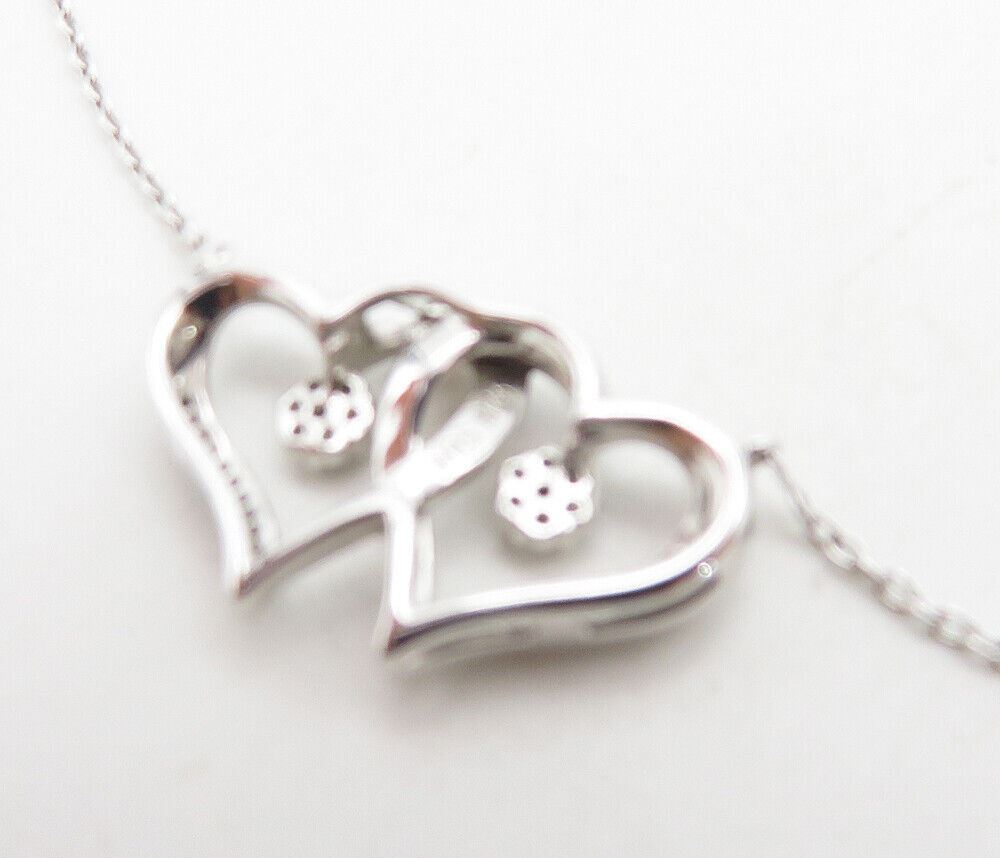 925 Sterling Silver  Genuine Diamonds Double Love Heart Chain Necklace  NE1372
