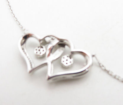 925 Sterling Silver  Genuine Diamonds Double Love Heart Chain Necklace  NE1372