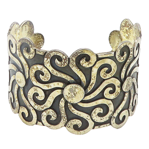 VGV MEXICO 925 Sterling Silver  Vintage Two Tone Floral Cuff Bracelet  BT7738