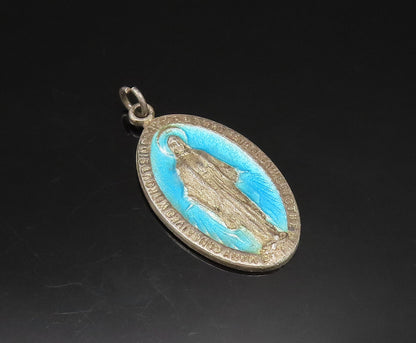 925 Silver  Vintage Antique Enamel Saint Mary Religious Medal Pendant  PT21124