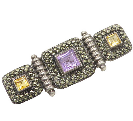 JUDITH JACK 925 Silver Vintage Amethyst Citrine & Marcasite Brooch Pin BP6983