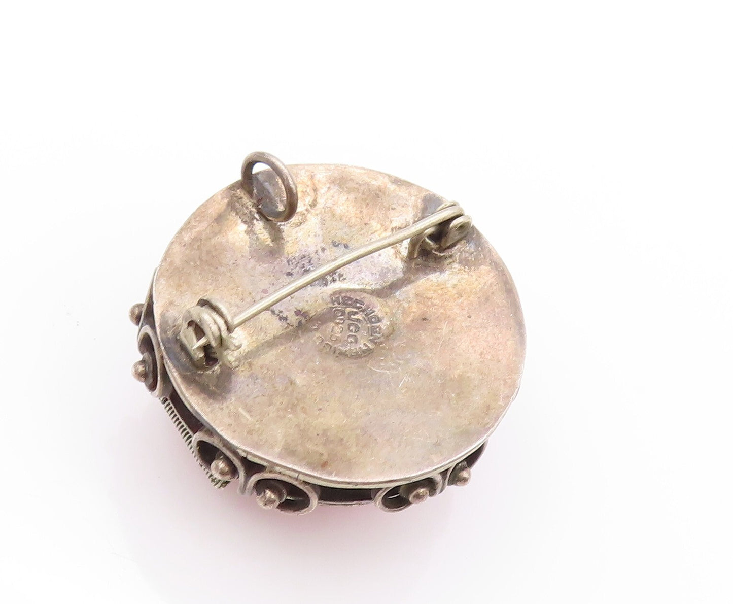 925 Sterling Silver Vintage Brooch MEXICO Gemstone Swirly Carved OPENS  BP11536