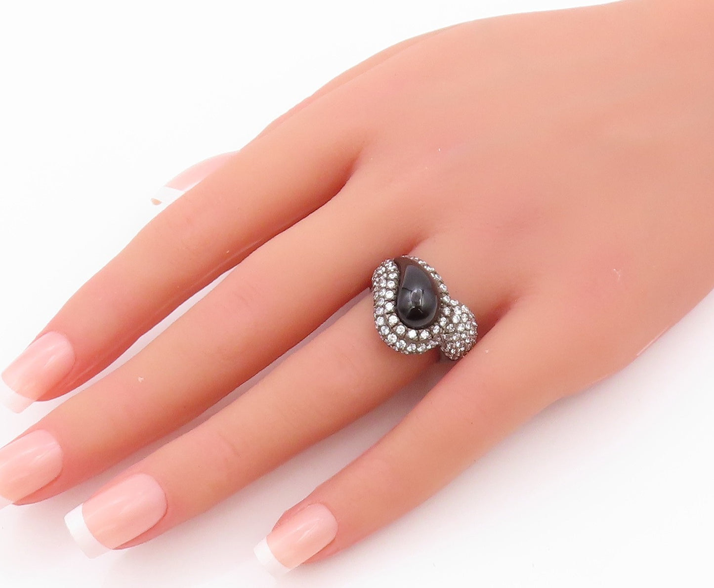925 Sterling Silver Vintage Ring Dark Tone Onyx Halo CZ Inlay Sz 7  RG32372