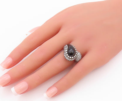 925 Sterling Silver Vintage Ring Dark Tone Onyx Halo CZ Inlay Sz 7  RG32372