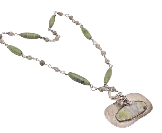 925 Sterling Silver Vintage Necklace Cylindrical Carved Green Marbles  NE4256