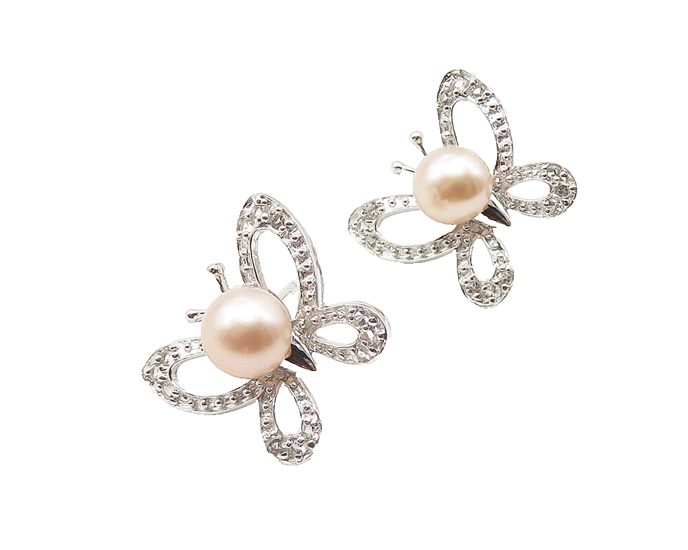 925 Sterling Silver  Petite Pink Pearl & Topaz Butterfly Stud Earrings  EG5731