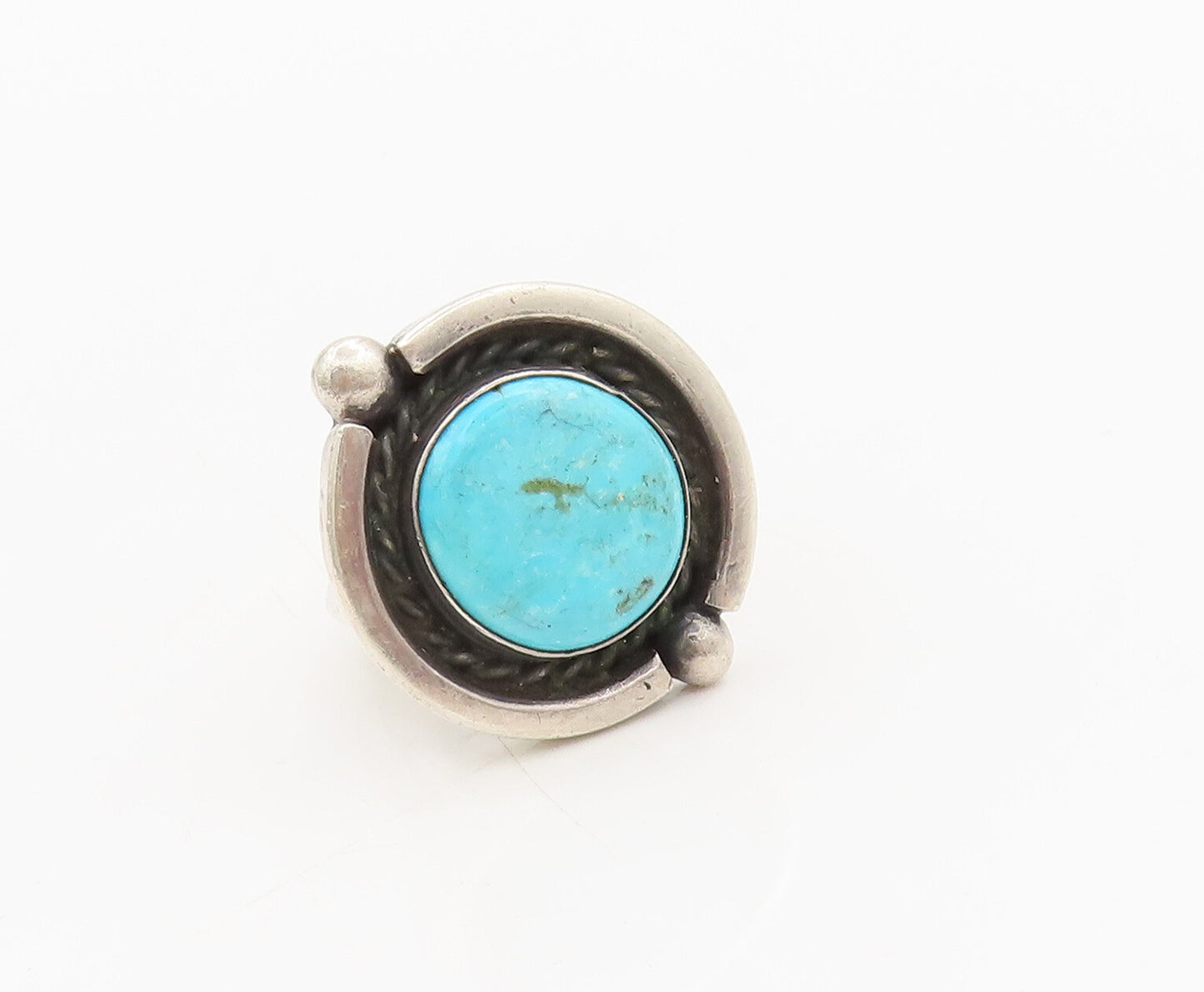 925 Silver Vintage Southwestern Turquoise Halo Rope Round Ring Sz 6.5 RG27036