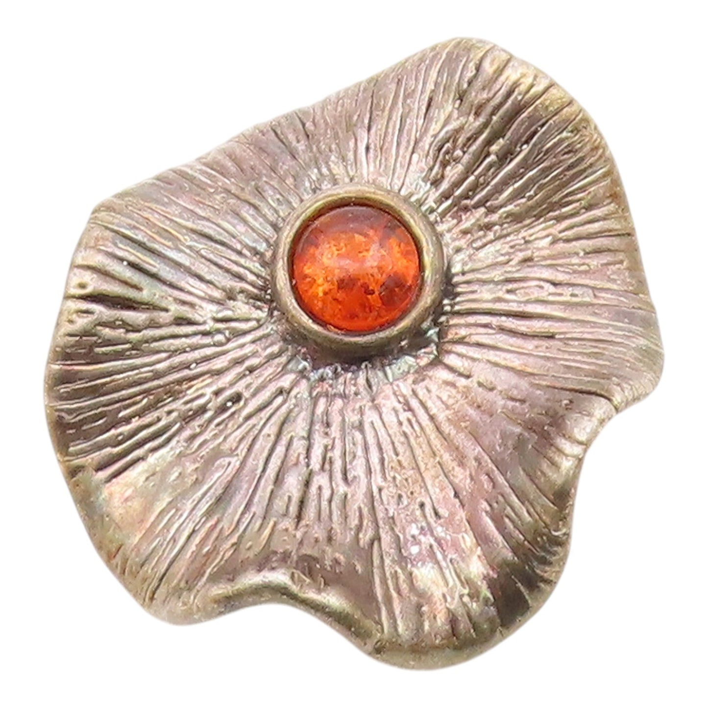925 Sterling Silver  Vintage Etched Flower Motif Amber Brooch Pin  BP9496