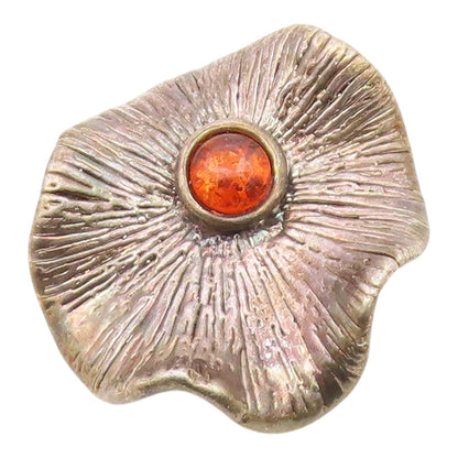 925 Sterling Silver  Vintage Etched Flower Motif Amber Brooch Pin  BP9496