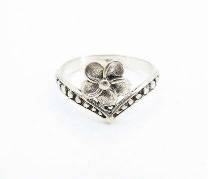 925 Sterling Silver Flower Motif Pointed Shiny Band Ring Sz 7.5 RG8087