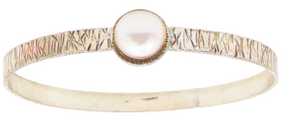 925 Sterling Silver & 14K GOLD  Vintage Pearl Dome Bangle Bracelet  BT8083