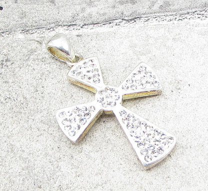 925 Sterling Silver  White Crystals Religious Cross Drop Pendant  PT1427