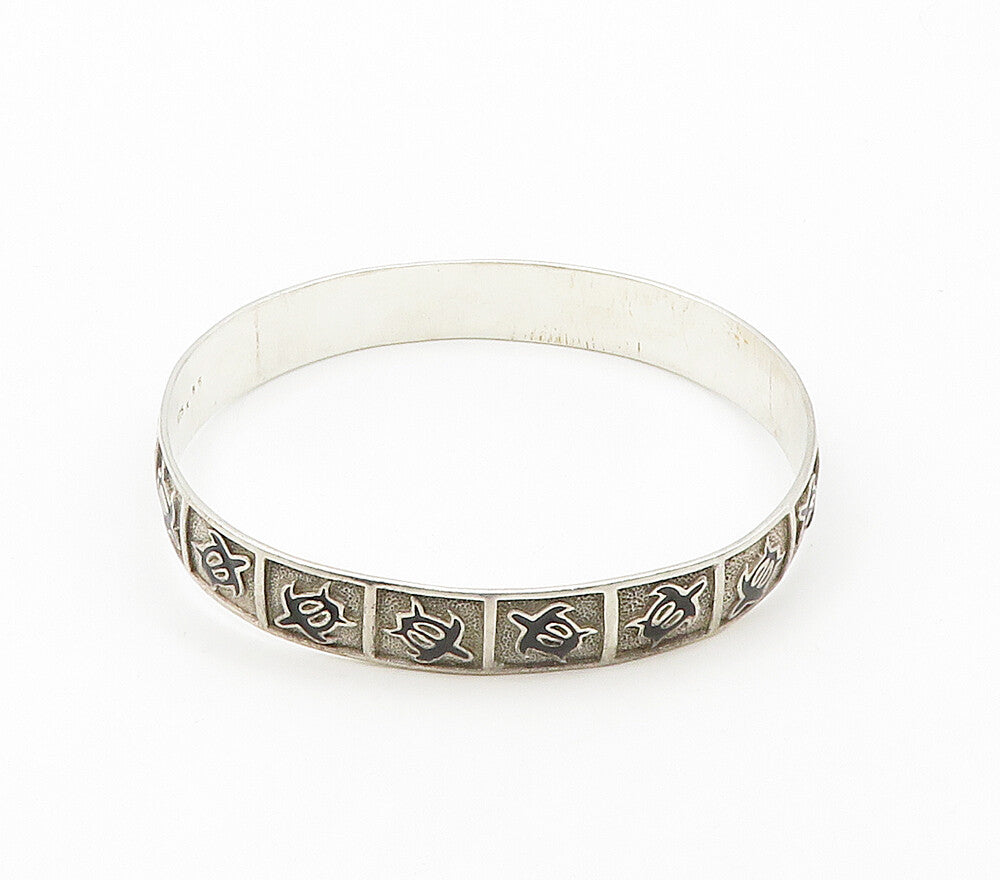 925 Sterling Silver  Vintage Black Onyx Turtle Motif Bangle Bracelet  BT6488