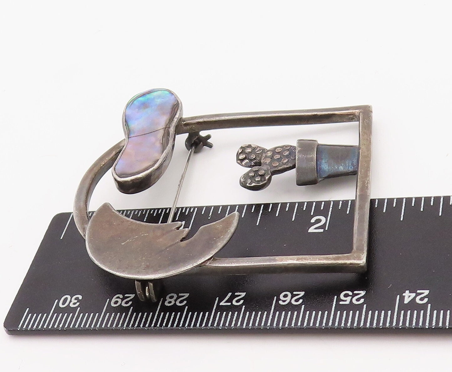 925 Sterling Silver Vintage Brooch Pin Cutout Abalone View Of Window  BP11226