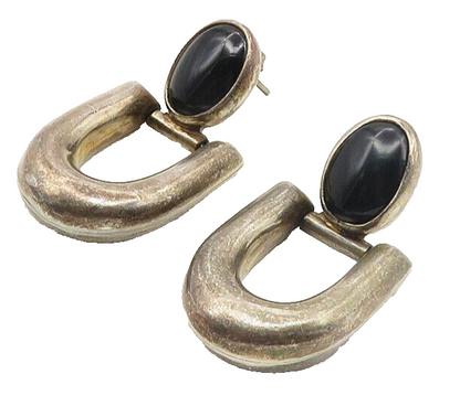 MEXICO 925 Sterling Silver  Vintage Black Onyx Hinge Drop Earrings  EG5230