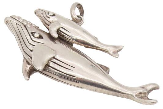 925 Sterling Silver  Vintage Baby & Mommy Swimming Whale Pendant  PT22185