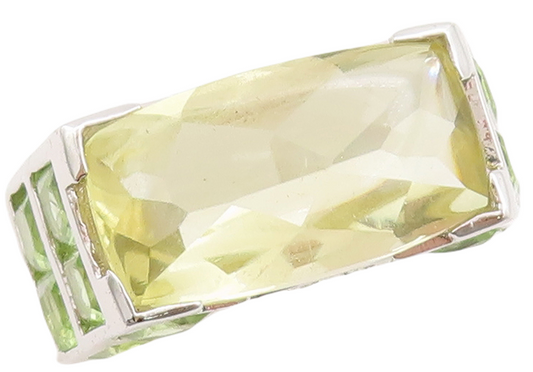 925 Sterling Silver Vintage Ring Cube Cut Peridot & Diamonds Inlay  Sz 6 RG29564