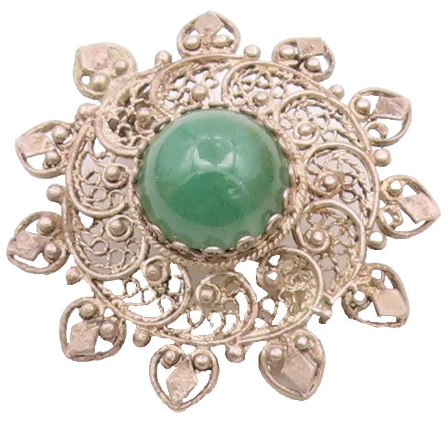 925 Sterling Silver  Vintage Green Onyx Floral Filigree Brooch Pin  BP9431