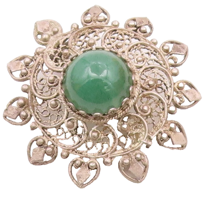 925 Sterling Silver  Vintage Green Onyx Floral Filigree Brooch Pin  BP9431