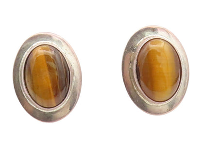 925 Sterling Silver Vintage Earrings NAVAJO Oval Tiger's Eye Studs  EG14197