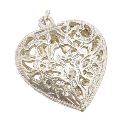 925 Sterling Silver Vintage Pendant Etched Openwork Love Heart OPENS  PT25955