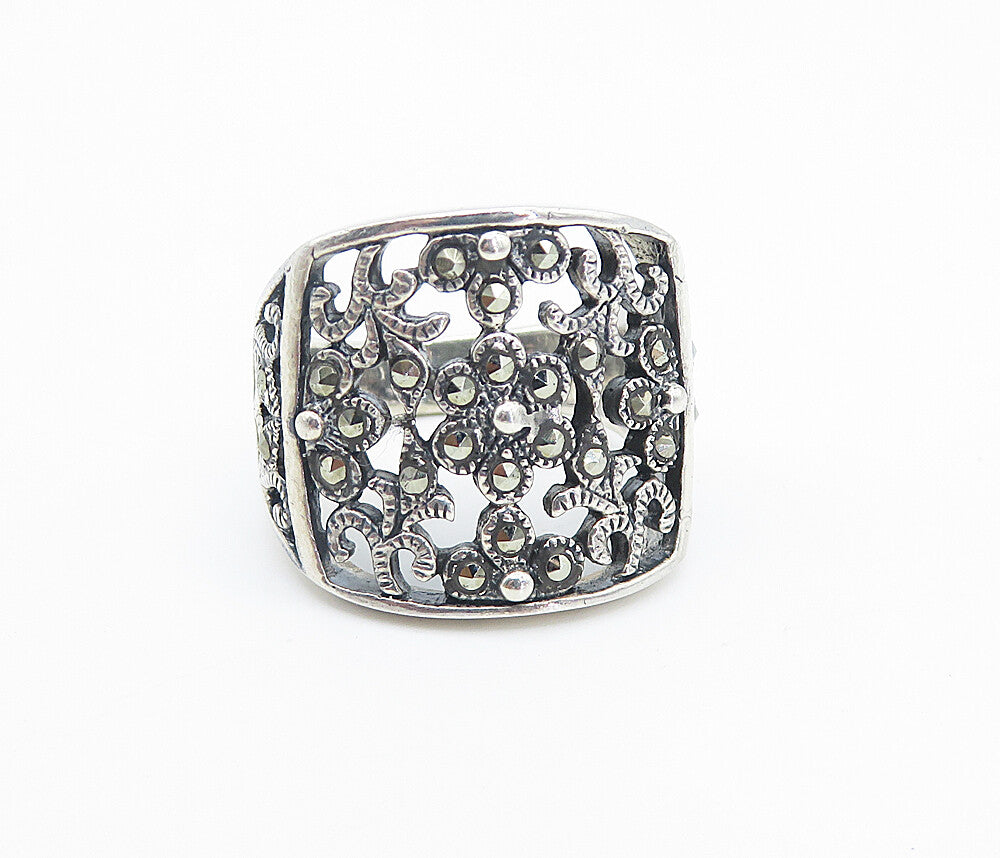925 Sterling Silver  Marcasite Open Floral Vine Cocktail Ring Sz 7.5  RG8485
