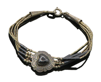 ZUNI 925 Sterling Silver  Vintage Black Onyx Love Heart Chain Bracelet  BT8572