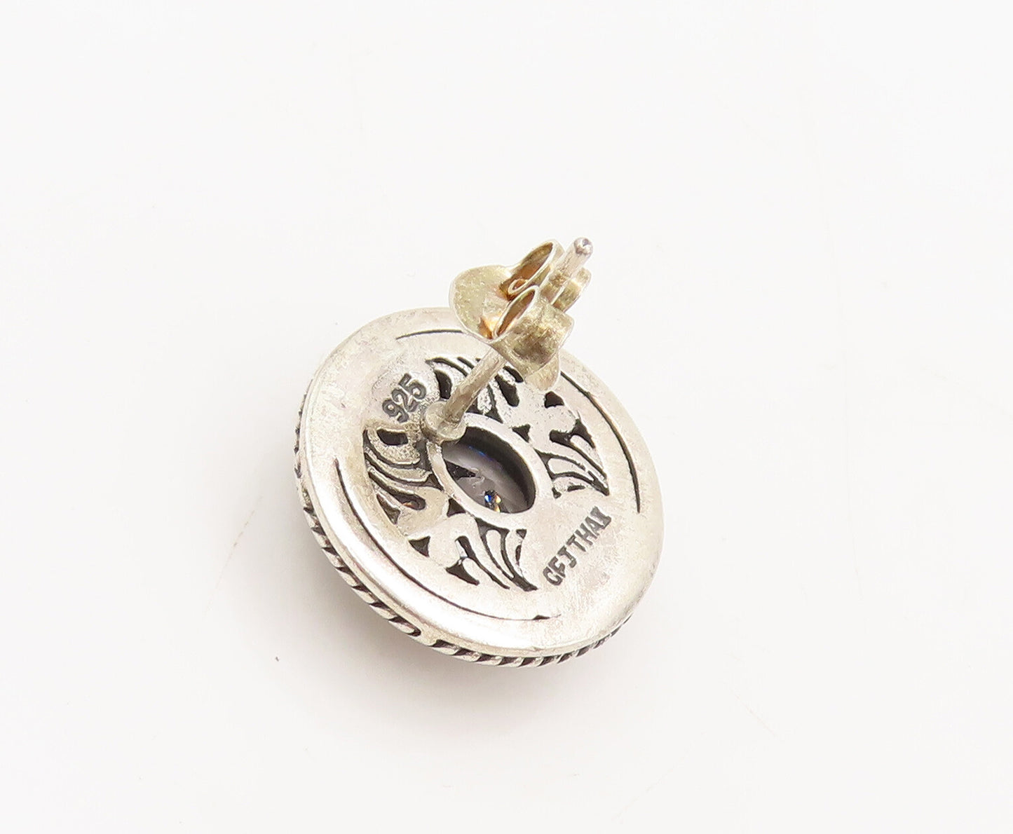 925 Sterling Silver  Vintage Swirly Rope Carved Round CZ Earrings  EG12784