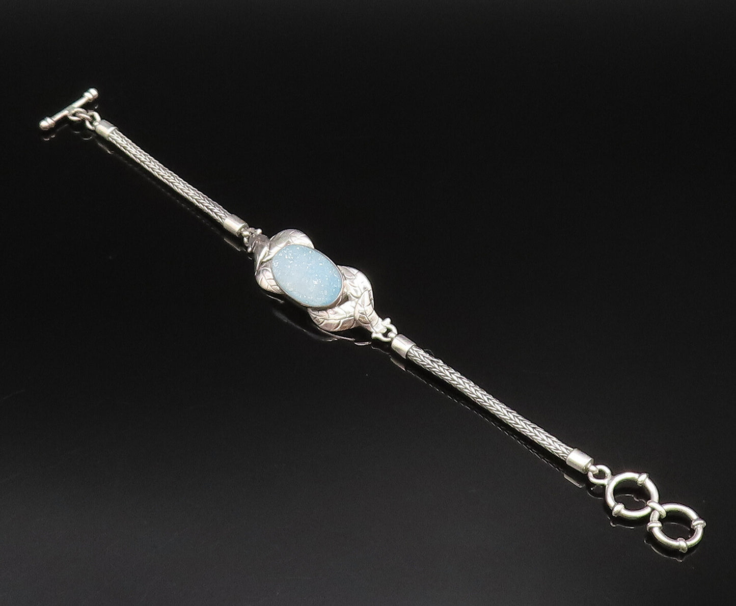 925 Silver  Vintage Blue Drusy Quartz & Etched Leaves Chain Bracelet  BT9674