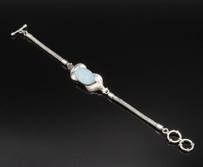 925 Silver  Vintage Blue Drusy Quartz & Etched Leaves Chain Bracelet  BT9674
