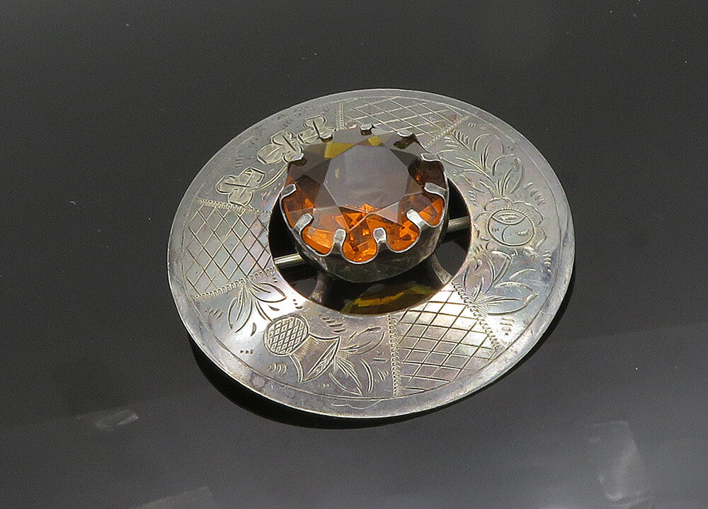 925 Silver  Vintage Faceted Citrine Floral Etched Detail Brooch Pin  BP7850