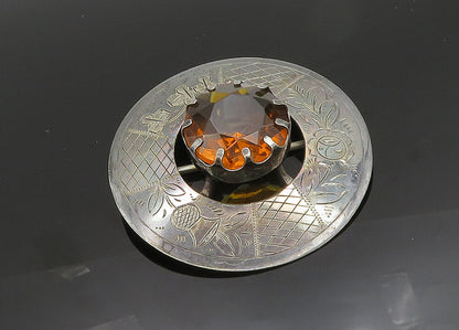 925 Silver  Vintage Faceted Citrine Floral Etched Detail Brooch Pin  BP7850