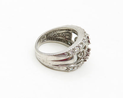 925 Sterling Silver  Shiny Red & White Topaz Floral Band Ring Sz 7  RG17050