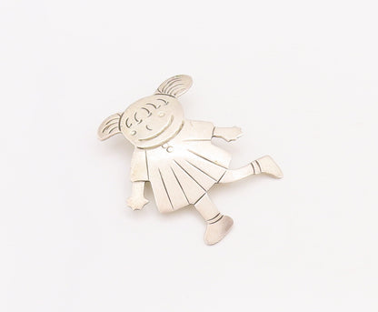 925 Sterling Silver Vintage Brooch Pin MEXICO Solid Etched Cartoon Girl  BP11062