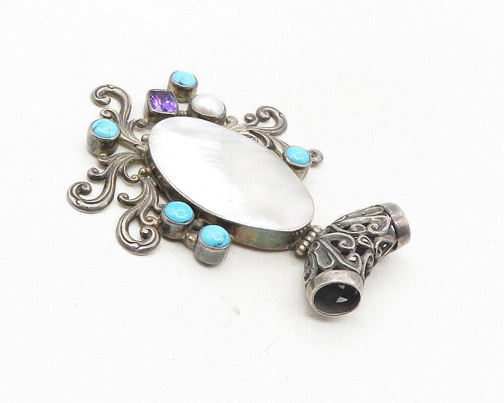 925 Silver  Vintage Mother Of Pearl Turquoise Amethyst & Pearl Pendant  PT7729