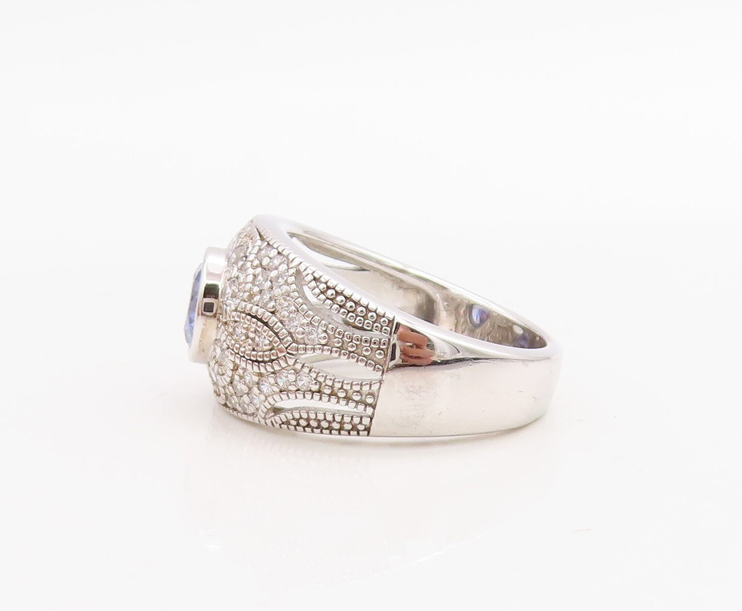 925 Sterling Silver Vintage Ring Floral Design Carved Sapphire & CZ Sz 7 RG30748