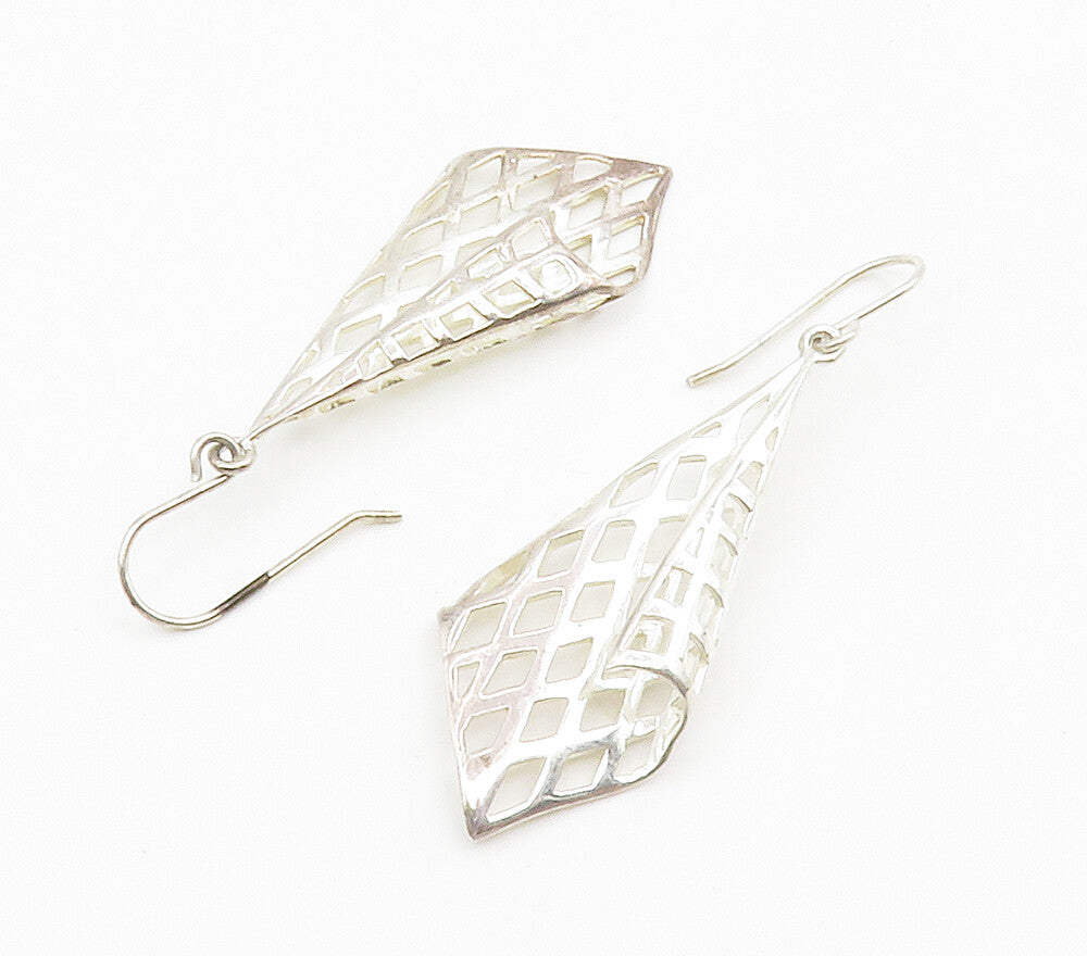 925 Sterling Silver  Shiny Cutout Folded Design Dangle Earrings  EG7571