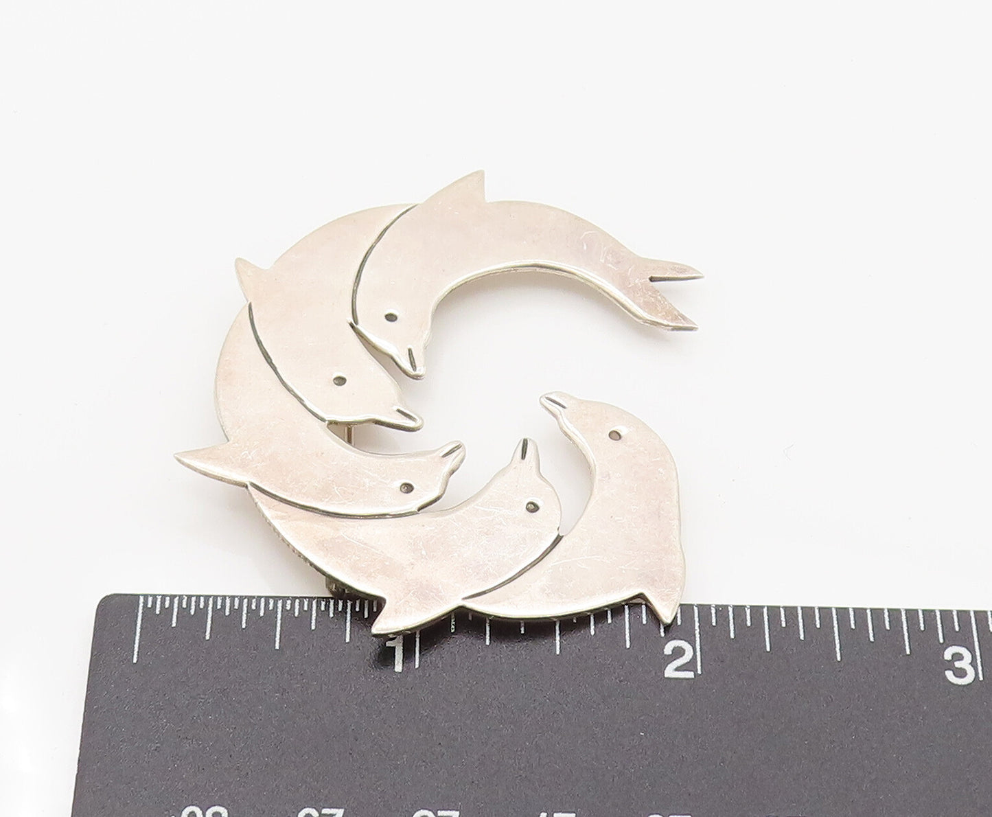 MEXICO 925 Silver  Vintage Minimalist Dolphin Family Brooch Pin  BP10137