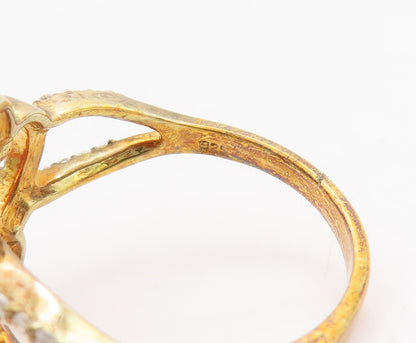 925 Sterling Silver Vintage Ring Gold Plated Pink & White CZ Flower Sz 7 RG29178