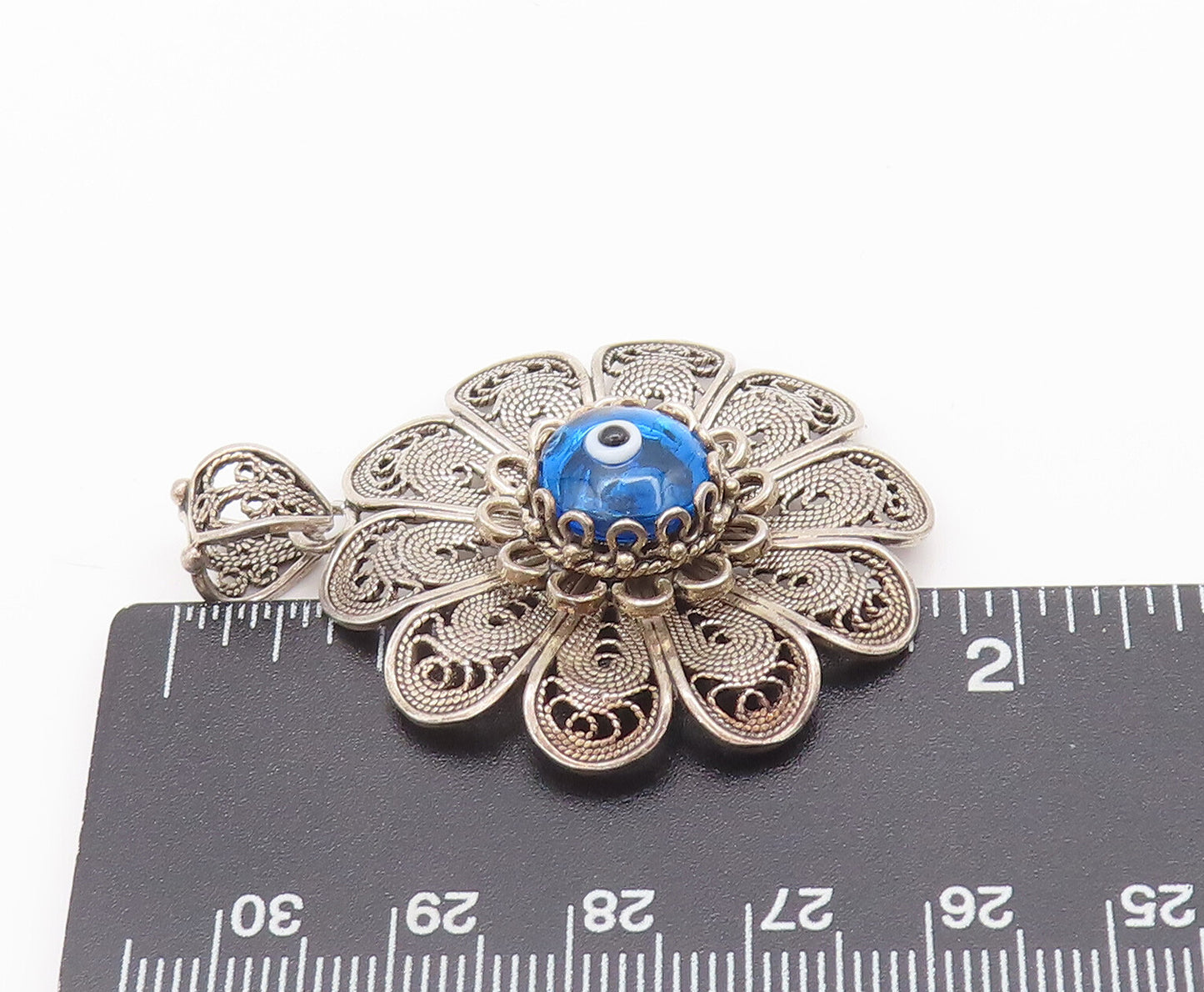 925 Sterling Silver Vintage Pendant Swirly Filigree Work Evil Eye Flower PT22707