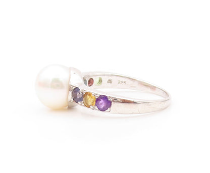 925 Sterling Silver Vintage Ring Modernist Pearl & Gemstone  SZ 8  RG32145
