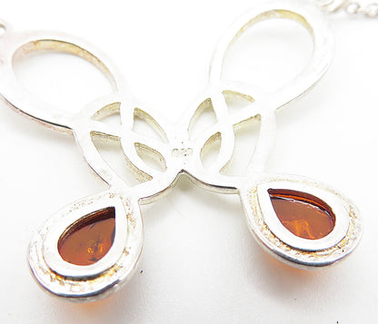 925 Sterling Silver  Cabochon Cut Amber Shiny Knot Chain Necklace  NE1257