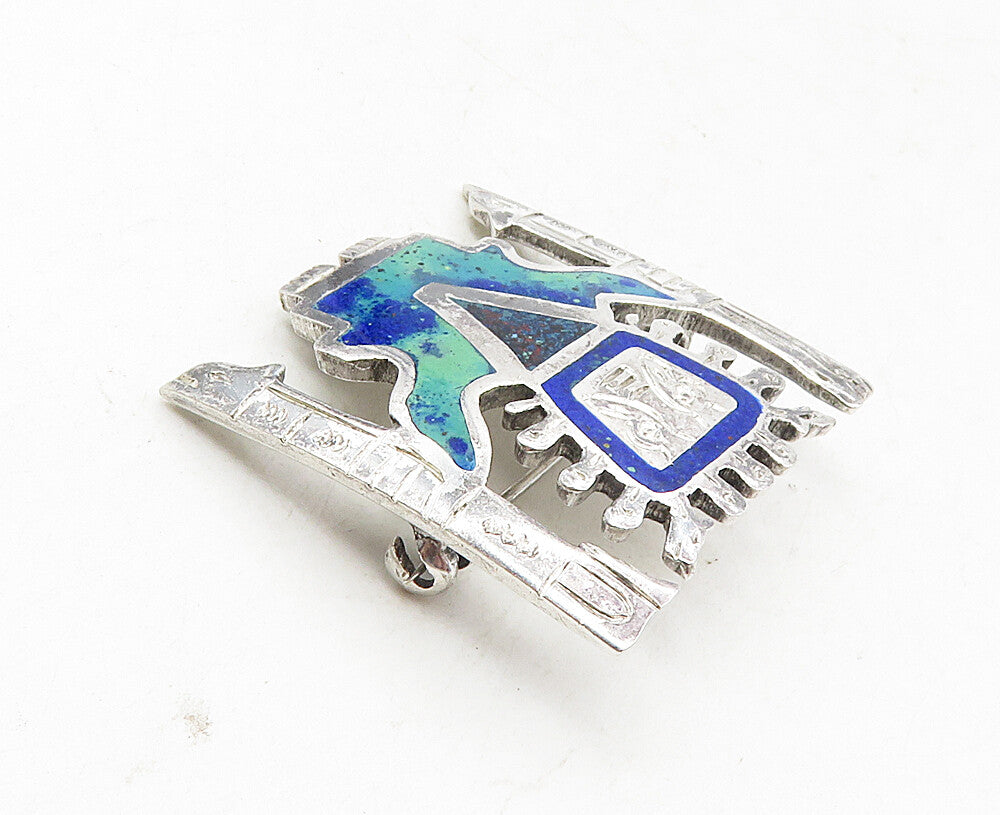 PERU 925 Sterling Silver  Vintage Azurite Inlay Traditional Brooch Pin  BP3564