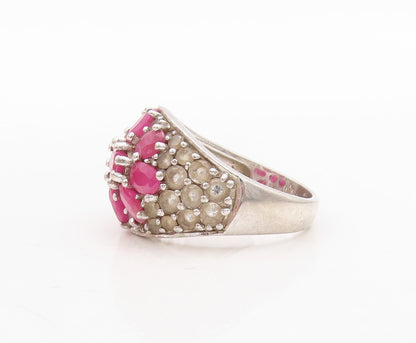925 Sterling Silver Vintage Ring Designer Ruby & Topaz Flower  Sz 7  RG31663