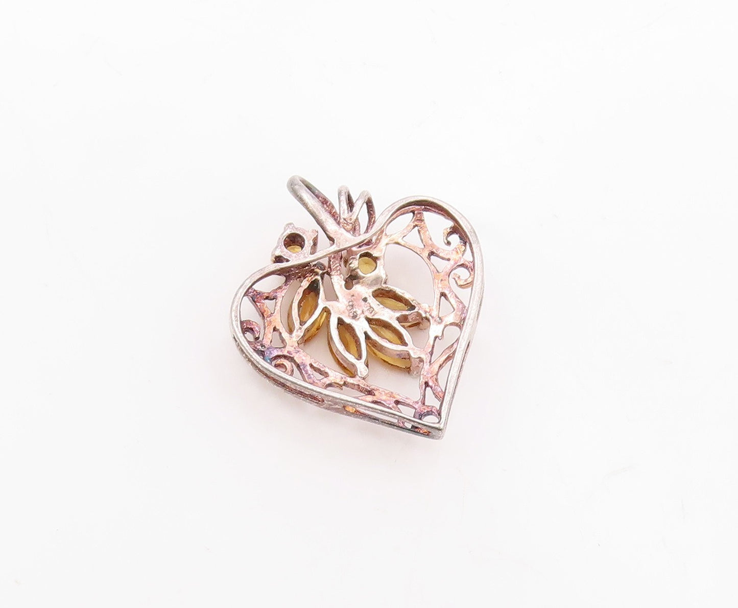 925 Sterling Silver  Vintage Open Love Heart Citrine Leaves Pendant  PT20091