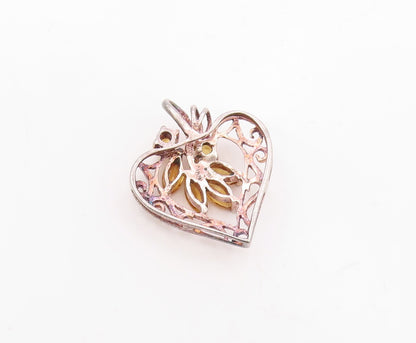 925 Sterling Silver  Vintage Open Love Heart Citrine Leaves Pendant  PT20091
